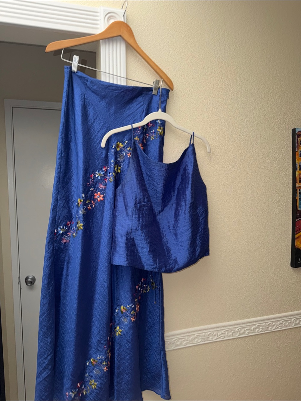 ABS Allen Schwartz Blue Backless Slip Dress with Floral Embroidery